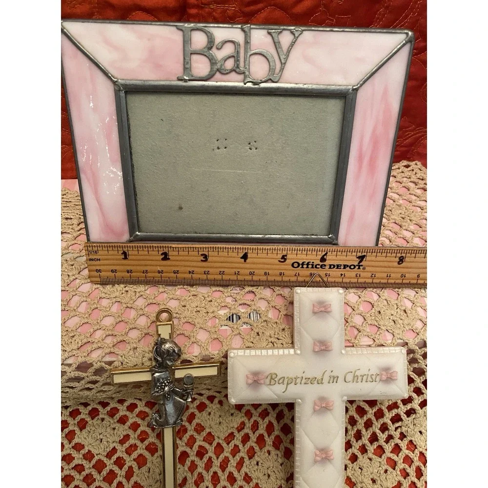 Baby Girl Shower/Baptism Gift‎ Pink Stained Glass Photo Frame & 2 Crosses